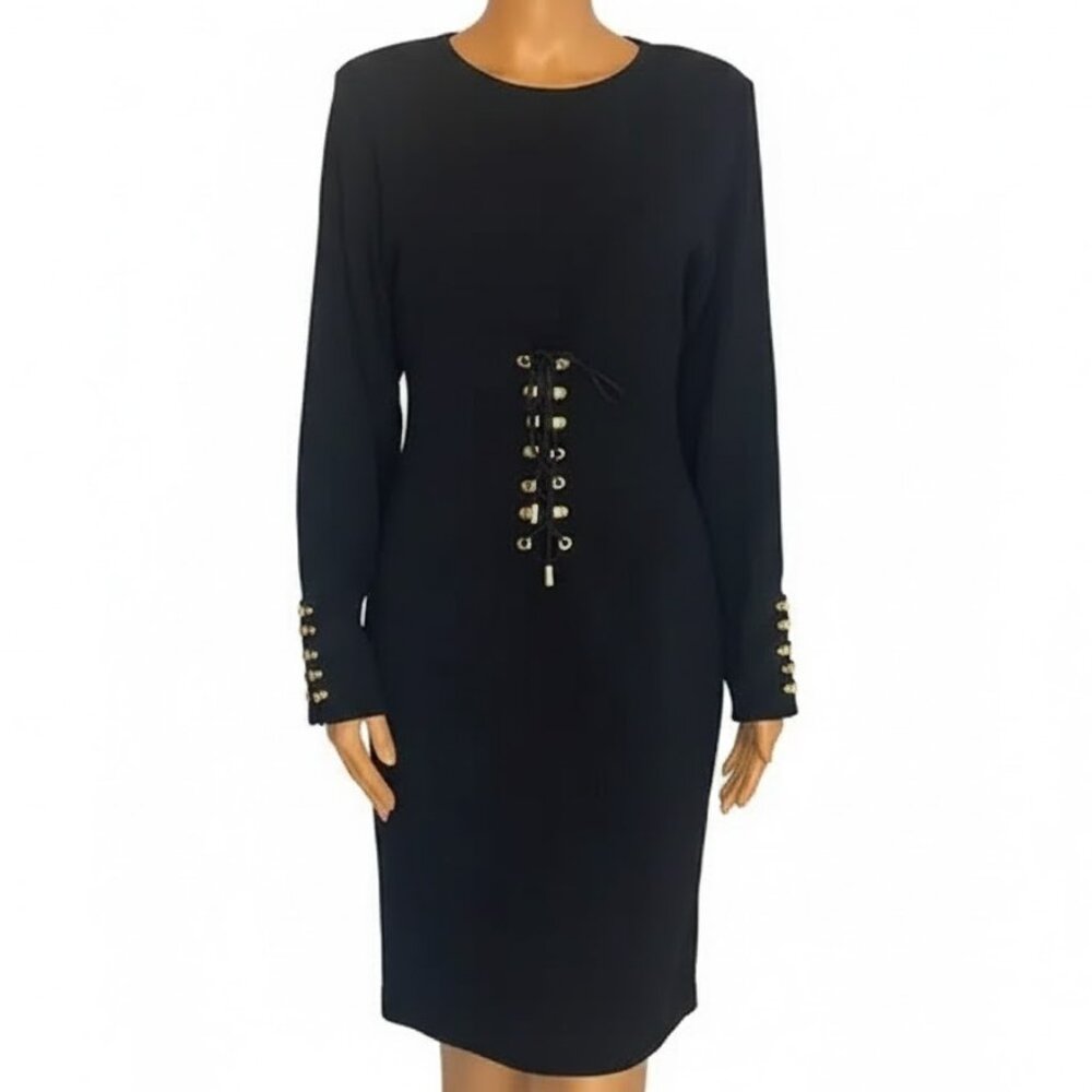 Vintage 90s y2k Black Long Sleeve Wool Gothic Corset Style Dress